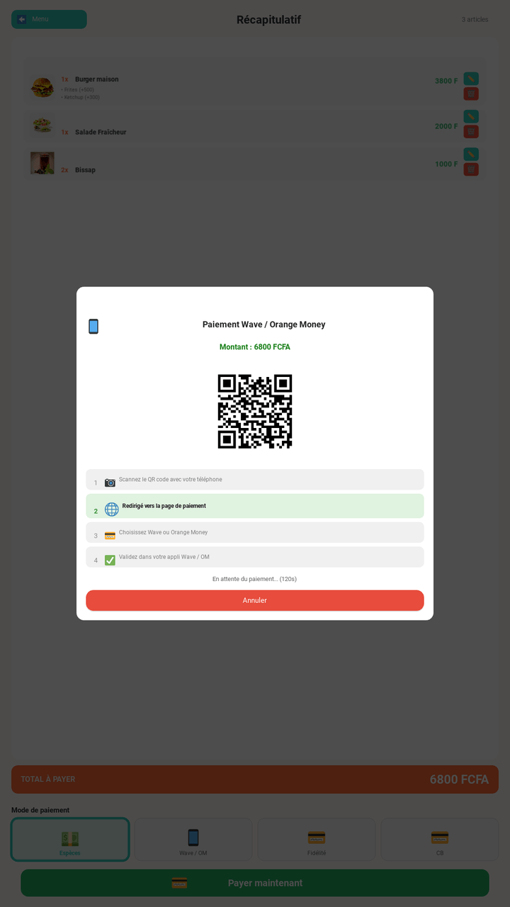 Écran de paiement de la borne DIAYMA : QR code Wave ou Orange Money pour un montant de 6 800 FCFA, avec les quatre étapes à suivre et le compte à rebours d'attente du paiement.