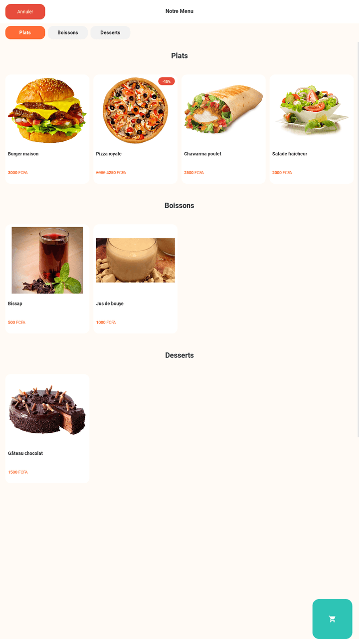 Menu de la borne DIAYMA : onglets Plats, Boissons et Desserts, chaque article avec sa photo et son prix en FCFA, dont une pizza royale en promotion à moins 15 %.