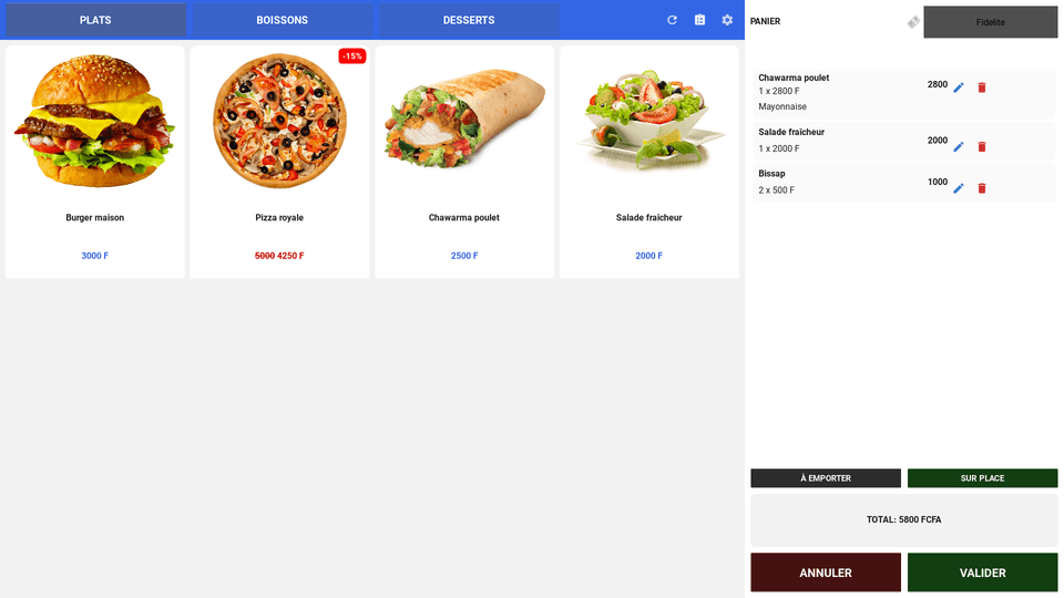 Mode Caisse de DIAYMA : grille des plats avec photos et prix à gauche, panier en cours à droite totalisant 5 800 FCFA, avec les boutons À emporter, Sur place, Annuler et Valider.